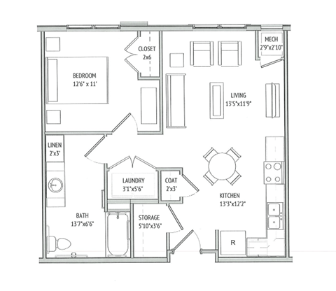Floor plan for studio, 687 sqft